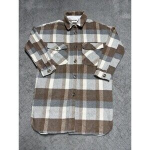 EVEREVE Shacket Flannel‎ Plaid Mid Length Button Up Brown Size L Pockets